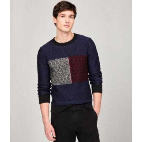 Tommy Hilfiger Sweater Mens L Blue Cotton Knit Fair Isle Flag Crewneck Casual - Picture 1 of 13